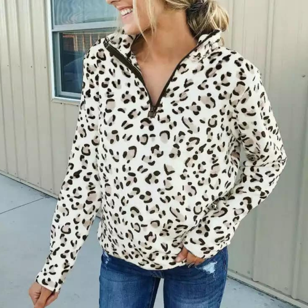 Leopard Quarter Zip Up Fleece Pullover Top